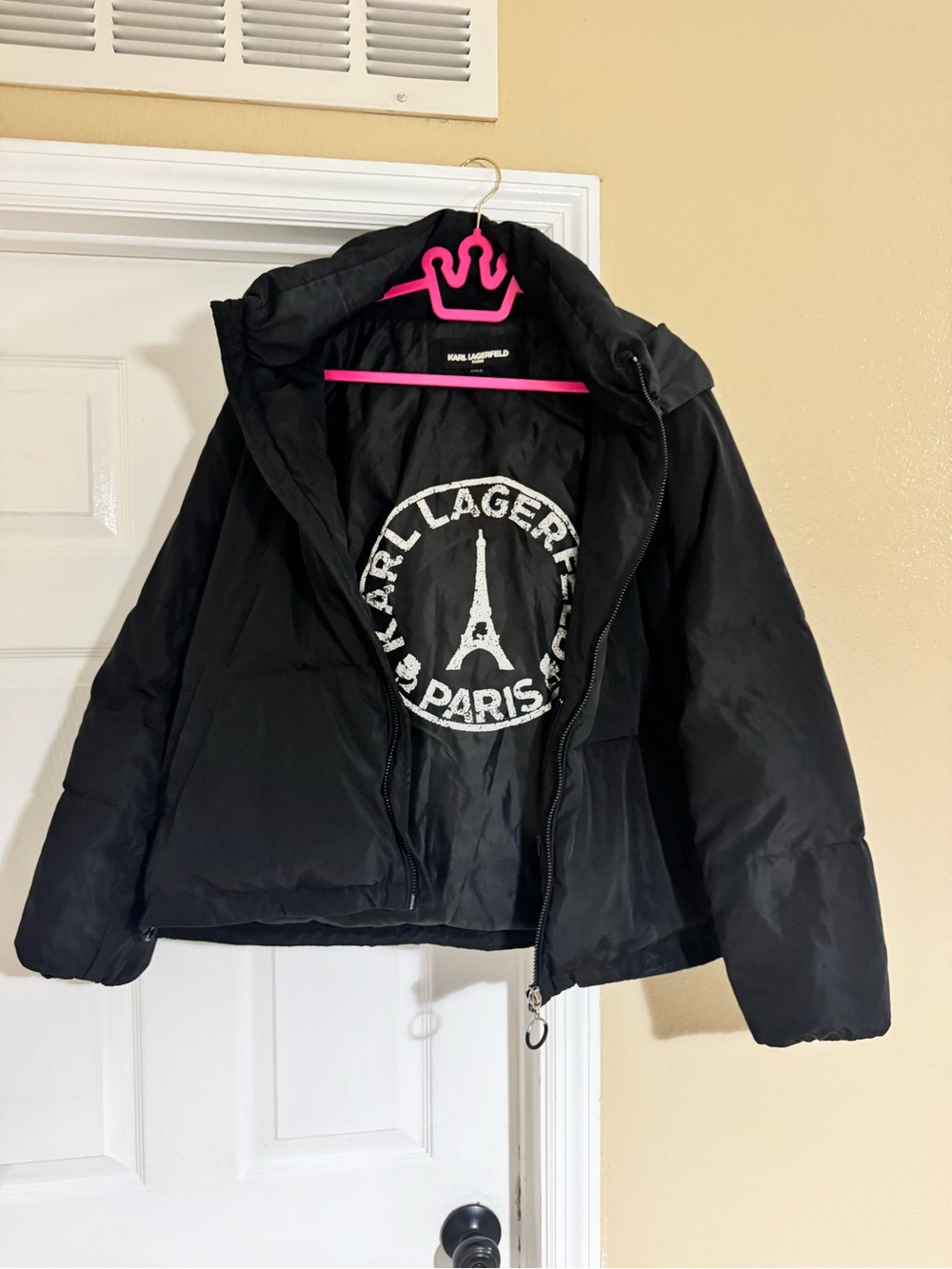Karl Lagerfeld Paris Black Down Puffer Jacket Removable Hood Size XL